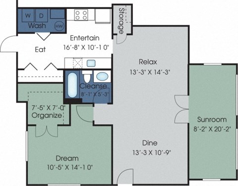 Floor plan for 1 bed, 1 bath, 1126 sqft